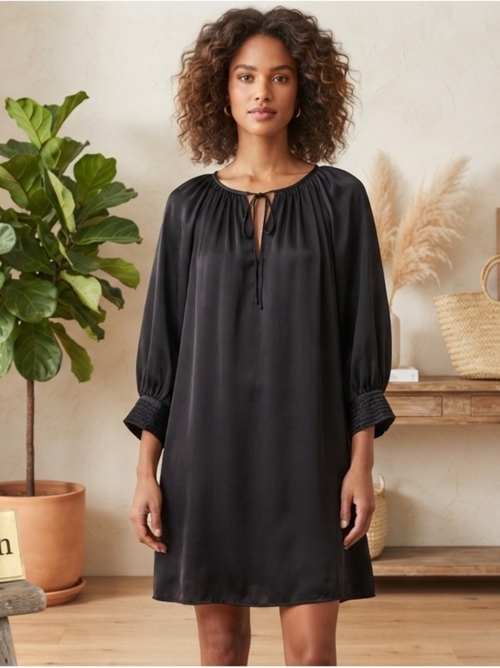 H&M Black Long-Sleeve Tie-Neck Satin Dress